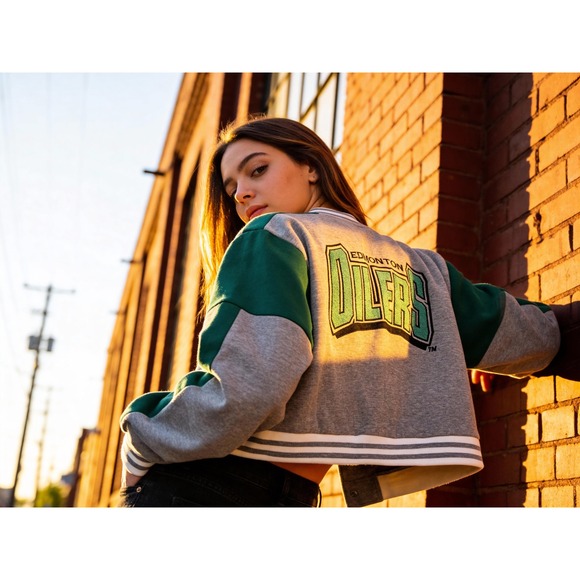 Dior Jackets & Blazers - Christian Dior Edmonton Oilers Varsity Bomber Jacket Womens Crop Green‎ Grey L